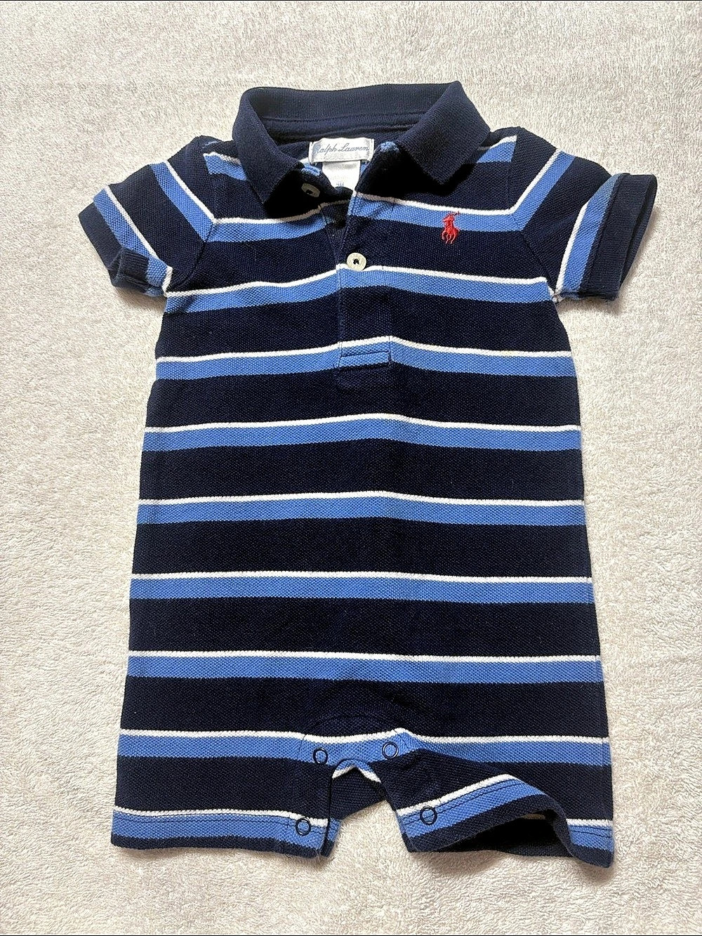 Ralph Lauren Striped Cotton Mesh Polo Romper Blue & White 3M